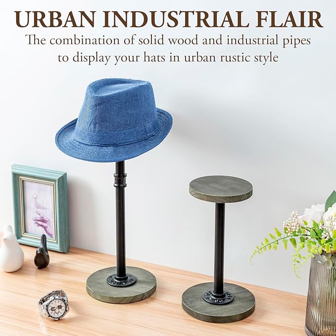 MyGift 2 Pcs Hat Display Rack Stand with Adjustable Height, Tabletop Baseball Cap Helmet Holder Organizer Storage Pedestal, Industrial Metal Pipe and Vintage Weathered Gray Wood Top and Base