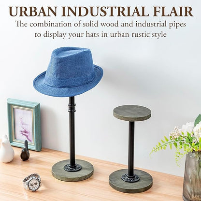 MyGift 2 Pcs Hat Display Rack Stand with Adjustable Height, Tabletop Baseball Cap Helmet Holder Organizer Storage Pedestal, Industrial Metal Pipe and Vintage Weathered Gray Wood Top and Base