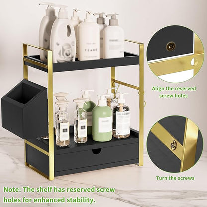2-Tier Bathroom Counter Organizer with Drawer and Basket, Wood Countertop Organizer for Storage, Skincare Organizers for Vanity, Counter Shelf for Bathroom Organization(Black-Gold)