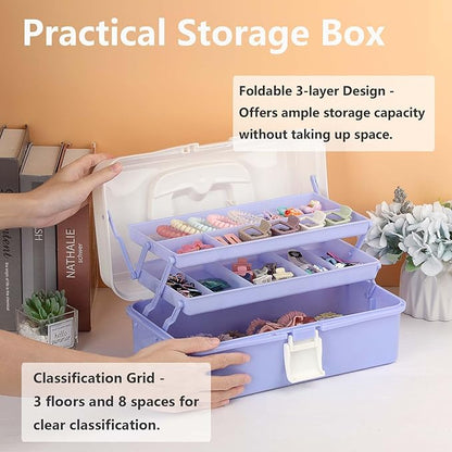 Hipiwe 3-Layer Plastic Storage Box 12.8" Multipurpose Craft Organizers with Dividers & Handle, Hair Accessories Organizer Folding Craft Tool Case Portable Tackle Box for Sewing Art Cosmetic, Purple