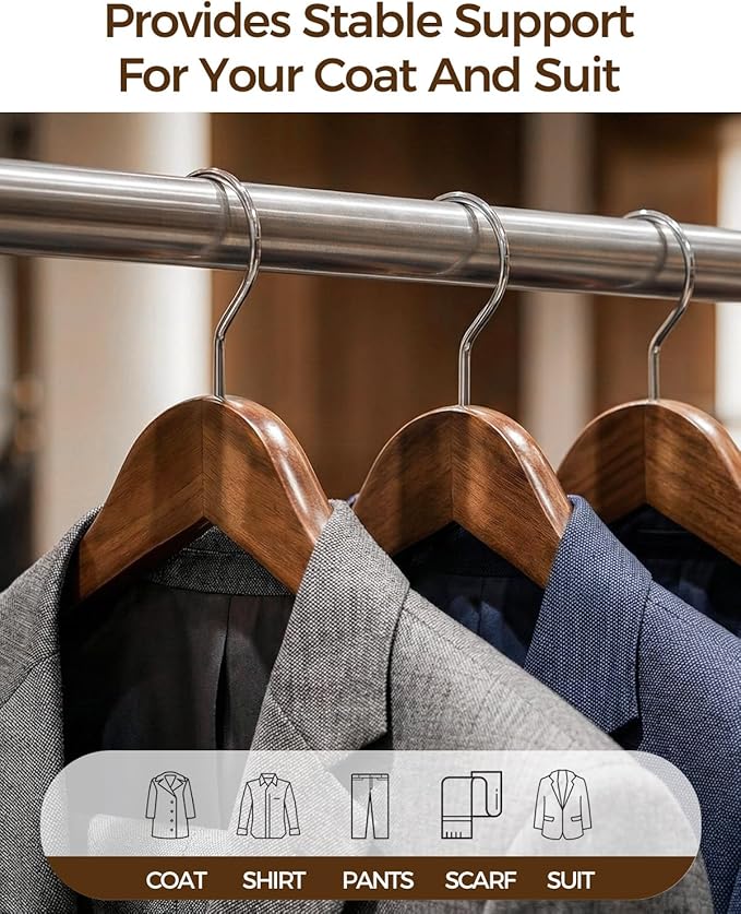 Premium Wooden Hangers 12-Pack – Wide Shoulder Non-Slip Design for Coats, Jackets & Suits | 360° Rotating Closet Organizers | Durable & Space-Saving (Vintage Wood)