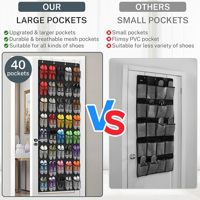 Over the Door Shoe Organizer,40-Pocket Hanging Shoe Rack for Closet Door,Shoes Storage Holder Hanger with Large Mesh Pocket for Women Men Shoes,Flip Flops(Black)