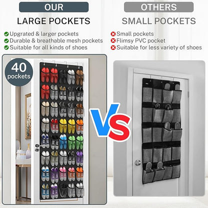 Over the Door Shoe Organizer,40-Pocket Hanging Shoe Rack for Closet Door,Shoes Storage Holder Hanger with Large Mesh Pocket for Women Men Shoes,Flip Flops(Black)