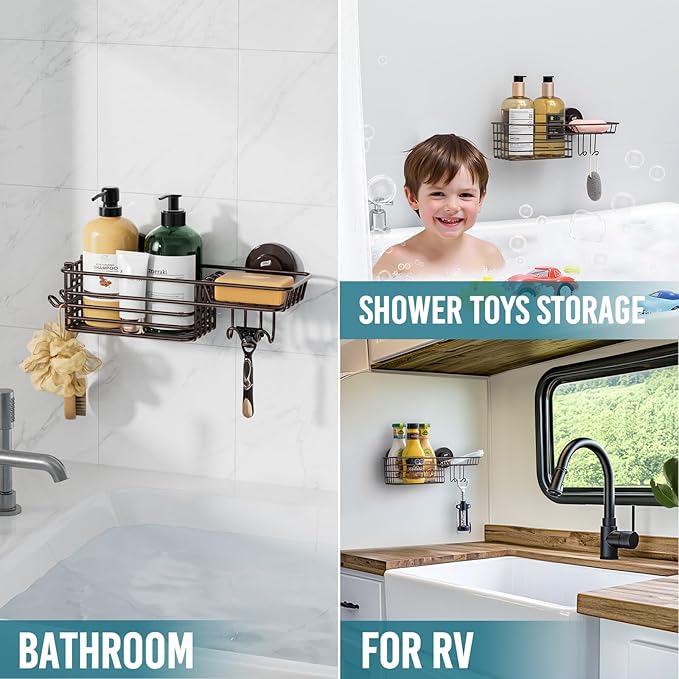 TAILI Shower Caddy Suction Cup with Hooks & Soap Holder, Heavy Duty Bathroom Shower Organizer, No Drilling Shelves for Inside Bathroom, Brown Metal Storage Holder