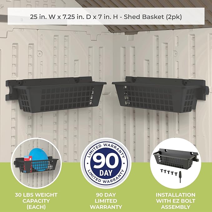 Suncast 2-Pack Accessory Baskets, Resin Organizers for Shed, Black, 25" x 7.25" x 7" - Outdoor Storage Organization, 30 lb Weight Capacity Per Shelf Basket, EZ Bolt Wall-Mount Assembly