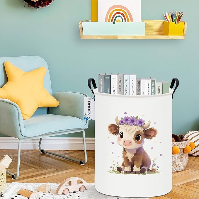 Round Cow Laundry Basket,Collapsible Laundry Hamper for Nursery,Cute Highland Cow Toy Storage Bin for Kids,Waterproof Storage Basket for Home,Bedroom,Playroom,New Parent Gift (Cute calf)