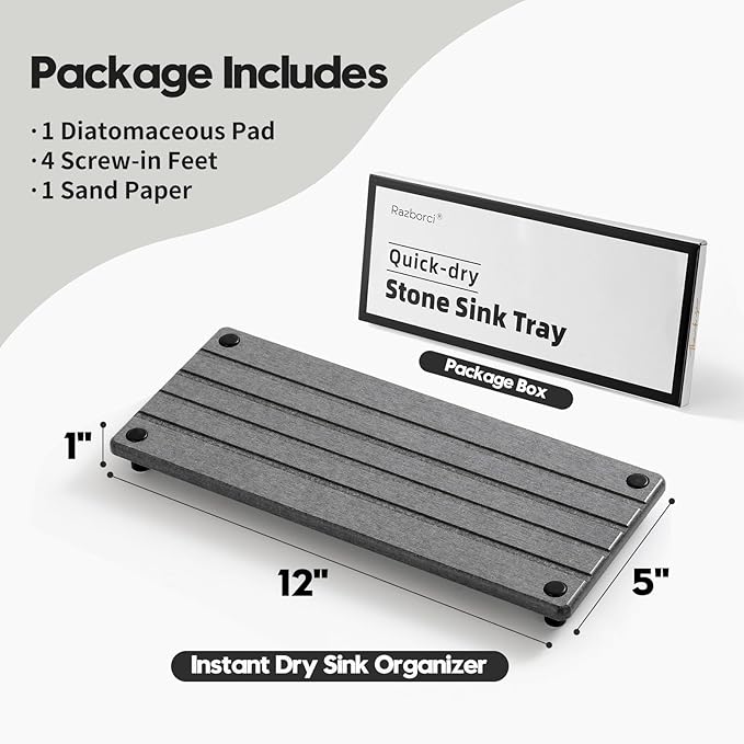 Razborci Instant Dry Sink Caddy Kitchen Sink Organizer, Quick Drying Stone Tray Diatomite Sponge Holder Soap Dish, Bathroom Countertop Fast Dry Water Absorbing Vanity Rack, Dark Gray,12" x 5"
