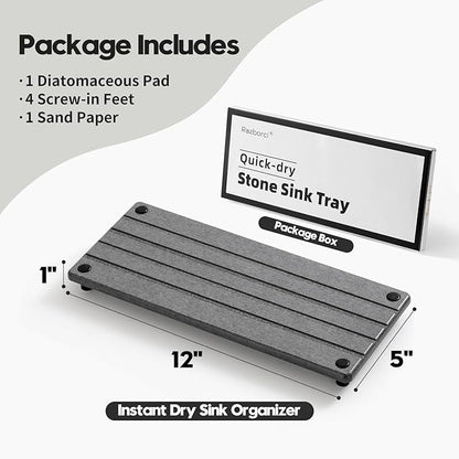 Razborci Instant Dry Sink Caddy Kitchen Sink Organizer, Quick Drying Stone Tray Diatomite Sponge Holder Soap Dish, Bathroom Countertop Fast Dry Water Absorbing Vanity Rack, Dark Gray,12" x 5"