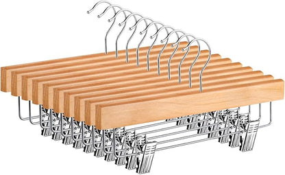 10 Pack Pants Hangers, Wood Clothes Hangers with 2-Adjustable Clips, Solid Wood Skirt Hanger, 360° Swivel Hook, Wooden Hanger for Jeans Shorts Slacks Skirts Trousers, Natural