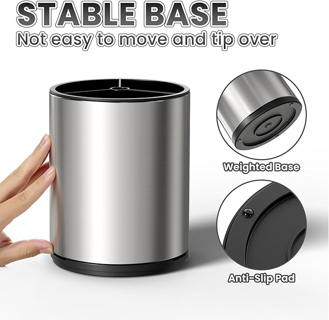 Utensil Holder For Kitchen Counter, Large 360°Rotating Stainless Steel Utensil Crock with 3 Compartment, Drainage Non-Slip
