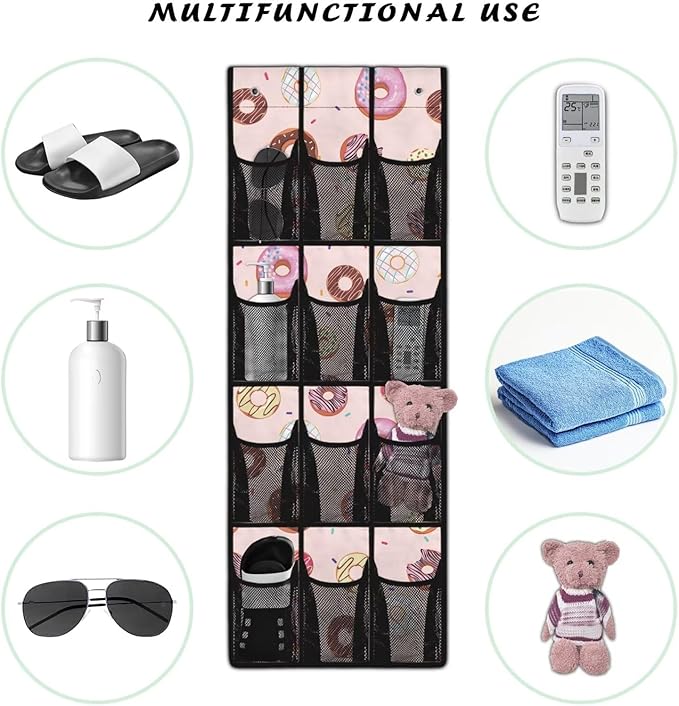 Shoe Organizer Over The Door 12 Pockets Pink Door Hanger Organizer Bathroom Mesh Fabric Donuts Shoe Holder Hanger for Living Room Space Saving Wall Hanging Storage