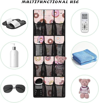 Shoe Organizer Over The Door 12 Pockets Pink Door Hanger Organizer Bathroom Mesh Fabric Donuts Shoe Holder Hanger for Living Room Space Saving Wall Hanging Storage