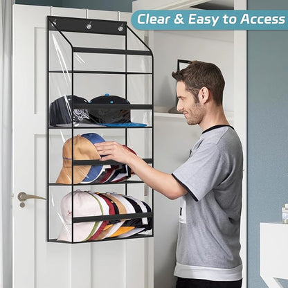 AOODA Clear Over the Door Hat Racks for Baseball Caps, Hold 48 Caps Hat Storage Organizer for Closet Wall, Deep Pockets Hanging Snapback Holder Shelves with 3 Hooks, Black