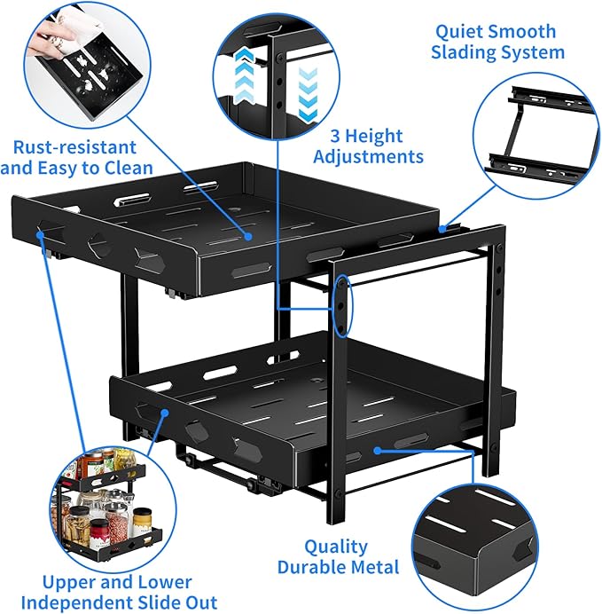 BOIVSHI Pull Out Spice Rack Organizer for Cabinet, 2 Tier Cabinet Spice Rack Organizer, Height Adjustable Vertical Spice Rack for Kitchen Cabinet (11.9''Wx10.8''Dx9.2''H, Metal Black)