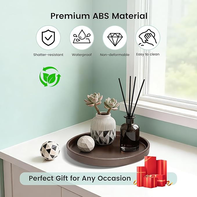 1 Pack 10" Bathroom and Vanity Tray, ABS Bathroom Counter Organizer, Coffee Table Decor for Perfume, Candles, Keys &More. Kitchen Countertop Organizer, Decorative Tray Soap Holder, Brown