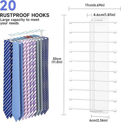 Tie Rack Wall Mounted, Tie Organizer for Men, Tie Rack Hanger for Closet Metal, Adhesive Tie Holder Organizer with 20 Hooks, Tie Storage for Wall Bedroom Living Room Dresser Room (White)