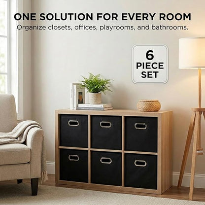 Household Essentials Foldable Fabric Storage Bins 6 Piece Set, Strong Poly-Woven Fabric, Sturdy Chipboard Sides, Grommet Front Handle, Stackable and Foldable, Classic Design, Black