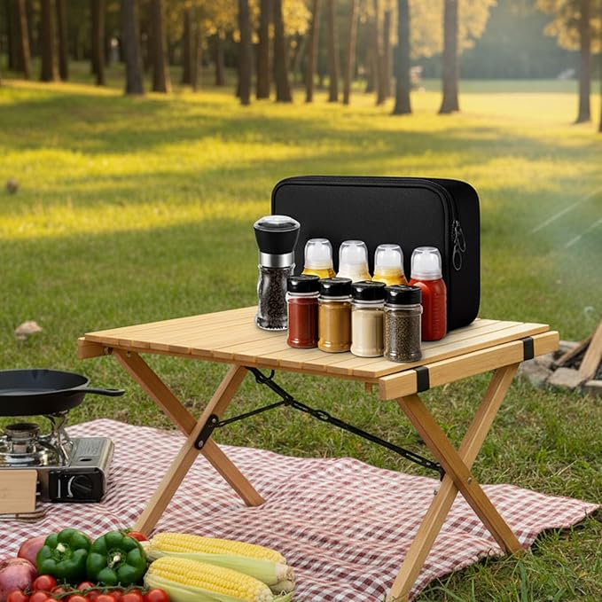10 Pcs Camping Portable Spice Set Kit with 4 Spice Containers, 4 Sauce Bottles, 1 Pepper Grinder, and 1 Storage Bag for Outdoor Travel, Camping, BBQ, and Picnics