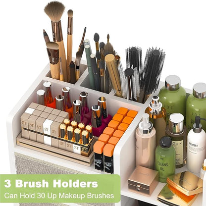 Large Makeup Organizer Countertop With Brush Holder Drawer For Vanity,Bamboo Bathroom Counter Organizers And Storage,Cosmetic Skincare Perfume Organizer,Easy To Store Nail Polish, Lipstick, Eyeshadow