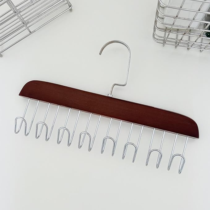 Wooden Belt Holder - Multifunctional Wooden Belt Hanger with 8 Metal Hooks - Wood Tie Scarf Rack Holder Hangers Organizer | for Hanging Belts,Tie,Scarves,neckties, Brown