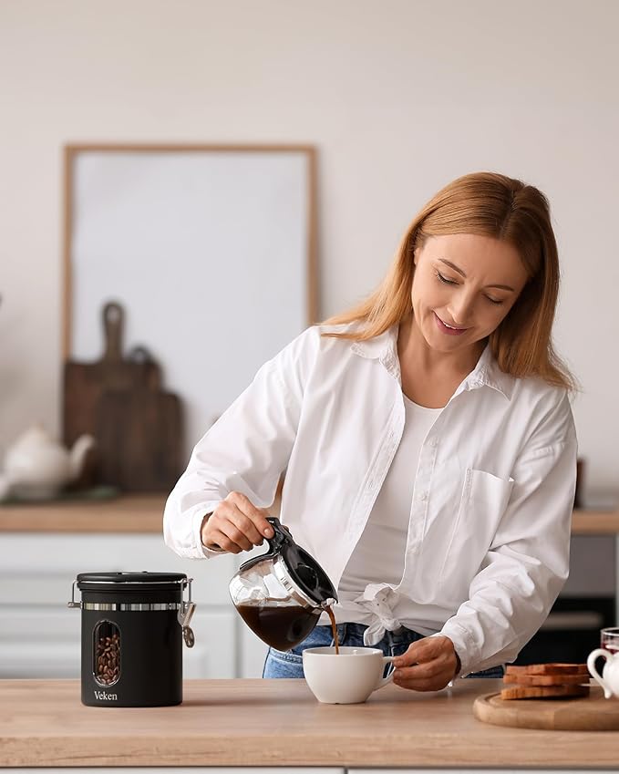Veken Coffee Canister with Window, Family Choice Awards Winner, Airtight Stainless Steel Home Kitchen Food Storage Container with Lids for Grounds, Beans, Tea, Flour,Cereal,Sugar Jars,Scoop,16OZ,Black