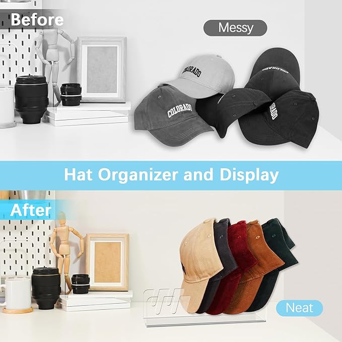 Kssvzz 4 Pack Hat Storage Organizer for Baseball Caps - Acrylic Hat Display Rack for 28 Ball Caps, No Install Hats Stand Shelf for Trucker and Golf Cap, Hats Holder for Closet, Bedroom (Clear)