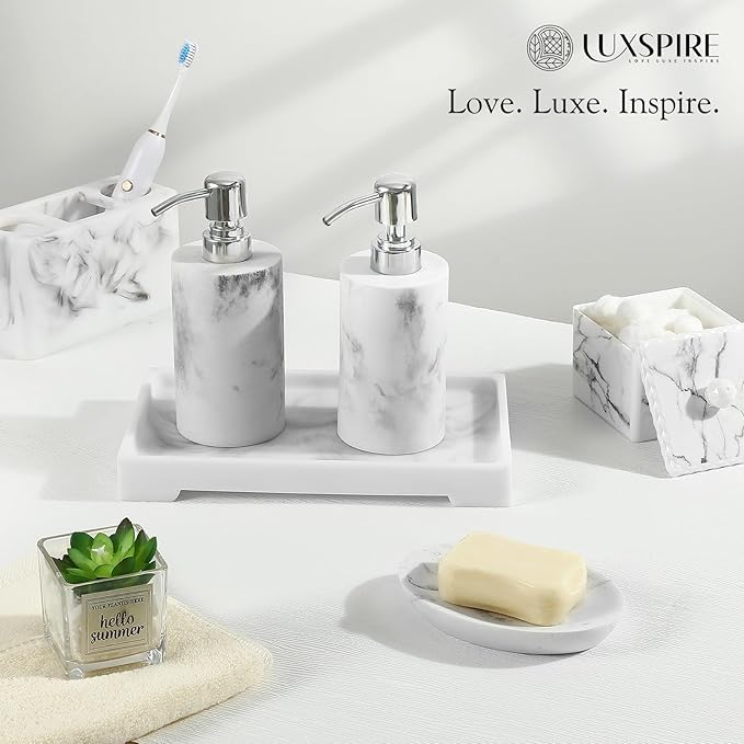 Luxspire Bathroom Vanity Tray, Resin Toilet Tank Tray, Kitchen Trays, 11" x 4" Rectangle Bathroom Tray for Counter, Marble Tray for Soap Dispenser Perfume Jewelry, Small, White Marble