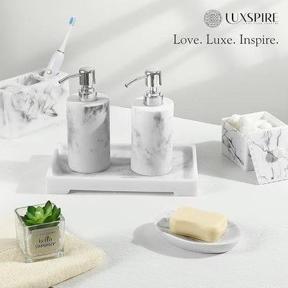 Luxspire Resin Vanity Tray, Bathroom Toilet Tank Storage Tray, 10.03 x 5.9 in Kitchen Sink Trays Decorative Serving Tray, Vanity Countertop Organizer for Makeup Towel Perfume Holder, M, White Marble