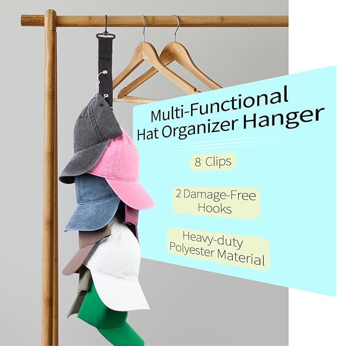 Hat Organizer Baseball Caps Rack Hangers 2PCS Door Hat Racks with 8 Stainless Steel Clips Cap Wall Holder Closet Storage Organizer Over Door Wall Caps Storage Hangers Black