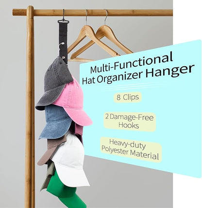 Hat Organizer Baseball Caps Rack Hangers 2PCS Door Hat Racks with 8 Stainless Steel Clips Cap Wall Holder Closet Storage Organizer Over Door Wall Caps Storage Hangers Black