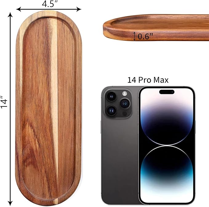 Set of 2 Plates Bathroom Vanity Wood Trays for Home Decor - for Counter Wood Small Decorative Tray, Kitchen Soap Tray,Comestic Holder Bathtub Organizer (14 x 4.5 inches)