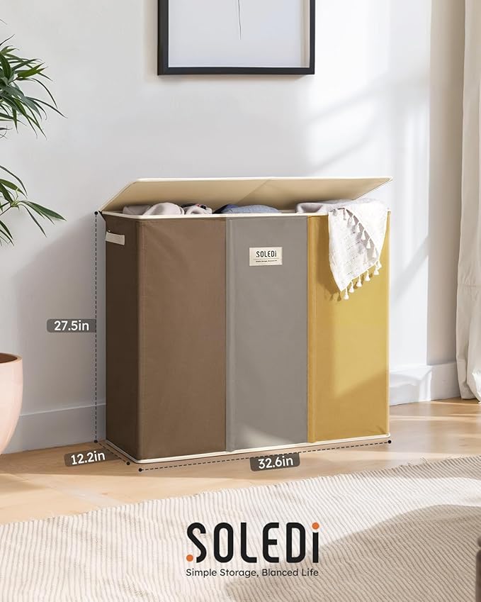 SOLEDI 180L 3-Section Laundry Hamper with Lid, Extra Large Dirty Clothes Basket with Sturdy Handles for Laundry Room & Bedroom - Durable Organizer for Sorting Laundry