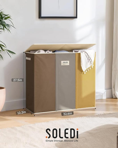 SOLEDI 180L 3-Section Laundry Hamper with Lid, Extra Large Dirty Clothes Basket with Sturdy Handles for Laundry Room & Bedroom - Durable Organizer for Sorting Laundry