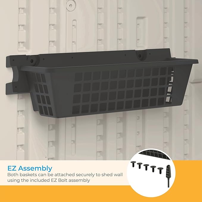 Suncast 2-Pack Accessory Baskets, Resin Organizers for Shed, Black, 25" x 7.25" x 7" - Outdoor Storage Organization, 30 lb Weight Capacity Per Shelf Basket, EZ Bolt Wall-Mount Assembly