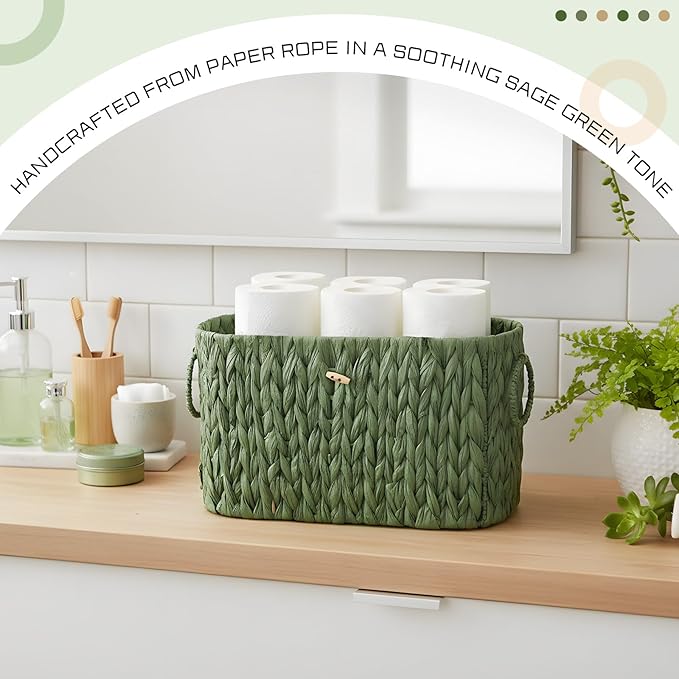 Kathfly Sage Green Toilet Paper Storage Basket with Lid Wicker Woven Bathroom Basket Toilet Paper Holder Holds up to 6 Mega Rolls Woven Organizer for Home Bathroom Kitchen Offices
