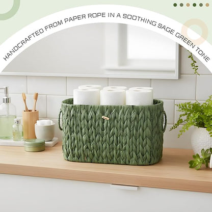 Kathfly Sage Green Toilet Paper Storage Basket with Lid Wicker Woven Bathroom Basket Toilet Paper Holder Holds up to 6 Mega Rolls Woven Organizer for Home Bathroom Kitchen Offices