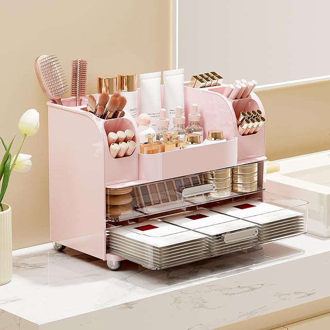 Makeup Organizer for Vanity with 2 Large Drawers, Cosmetic Display Case with Brush Holders, Easy to Storage for Bathroom Countertop Skincare, Perfume, Pink