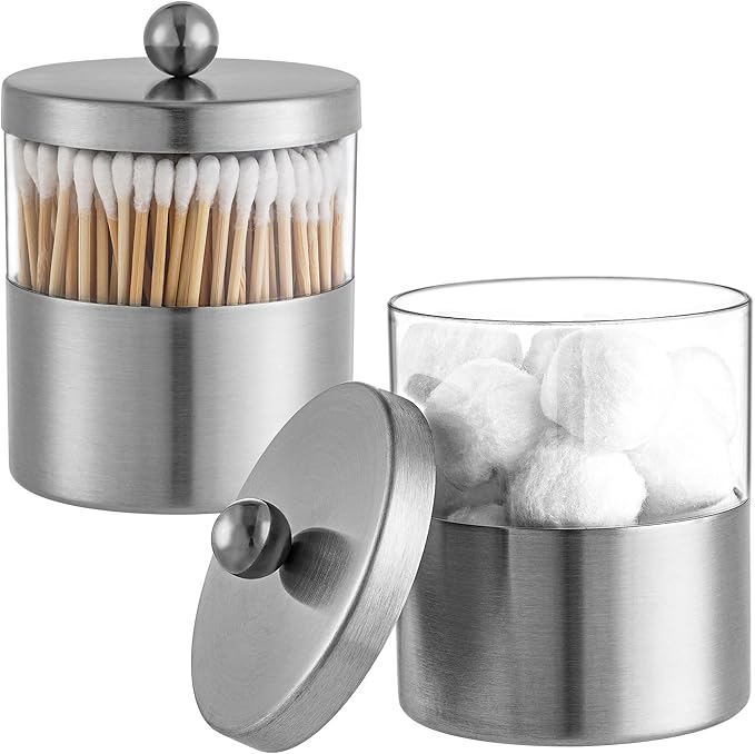 Gaussra Apothecary Jars, Qtip Holder - Brushed Stainless Steel Bathroom Jar with Stickers - Farmhouse Decor Qtip Dispenser for Qtips, Cotton Balls, Swabs, Makeup Sponges (2 Pack, Brushed Nickel)