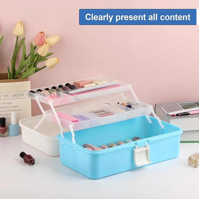 Hipiwe 3-Layer Plastic Storage Box 12.8" Multipurpose Craft Organizers with Dividers & Handle Hair Accessories Organizer Folding Craft Tool Case Portable Tackle Box for Sewing Art Cosmetic, Blue