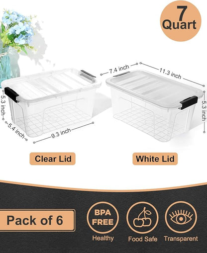 EOENVIVS Plastic Storage Bins with Lids 6 Pack, 7 Quart Storage Containers With Black Buckle Latch, Stackable Storage Organizers for Home Pantry Office Classroom Organization, Clear