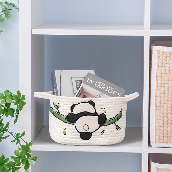 SHCMSADO Cute Panda Cotton Rope Storage Basket – Round Toy Basket with Handles, Delicate and Durable Shelf Organizer for Toys, Clothes, Closet, 10.63 x 7.08 Inches, White
