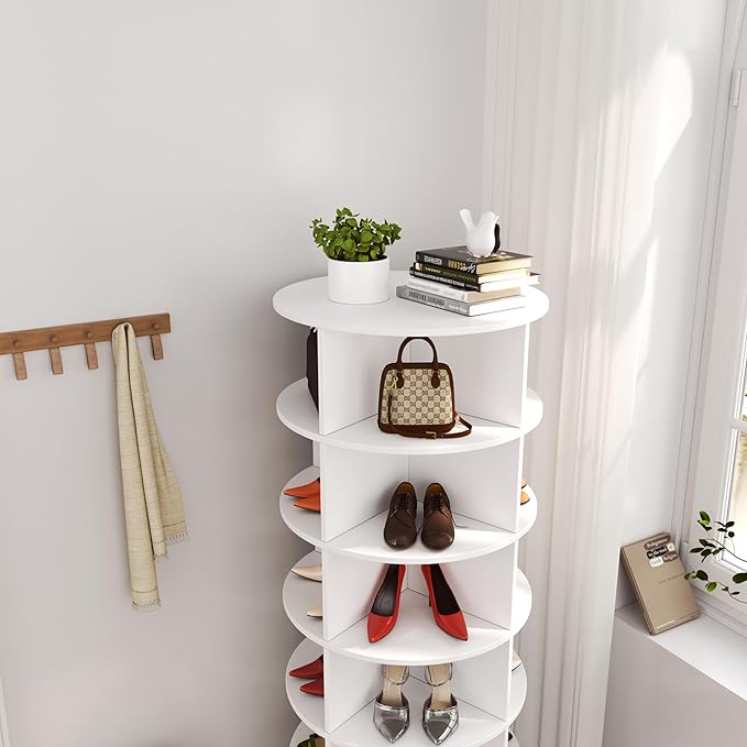 HomVent Rotating Shoe Rack, Wooden 6-Tier Spinning Shoe Rack Tower, Free Standing 360° Revolving Shoe Organizer Shoe Storage Shelf Can Hold Over 24 Pairs Shoes for Entryway Living Room (6-Tier, White)