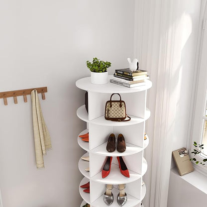 HomVent Rotating Shoe Rack, Wooden 6-Tier Spinning Shoe Rack Tower, Free Standing 360° Revolving Shoe Organizer Shoe Storage Shelf Can Hold Over 24 Pairs Shoes for Entryway Living Room (6-Tier, White)