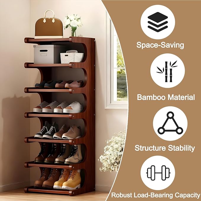 Vertical Shoe Rack 7 Tier, Bamboo Narrow Shoe Rack for Small Spaces, Freestanding Shoe Storage Organizer for Entryway Closet, Space Saving Skinny Shoe Shelf