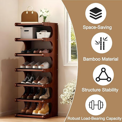 Vertical Shoe Rack 7 Tier, Bamboo Narrow Shoe Rack for Small Spaces, Freestanding Shoe Storage Organizer for Entryway Closet, Space Saving Skinny Shoe Shelf