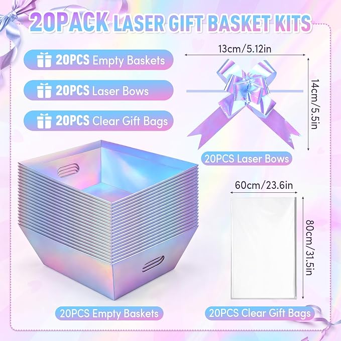 AFOROEOA 20PACK Laser Baskets For Gifts Empty, 12x10x4” Holographic Iridescent Gift Basket Kit with 20 Bows & 20 Bags - Bulk Empty Gift Baskets to Fill for Large Weddings, Parties