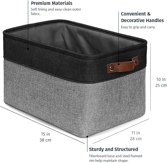 OrganiHaus 15x11in Canvas Storage Baskets 3 Pack | LARGE Fabric Bins for Shelves | Closet & Bedroom Storage | Gray/Black
