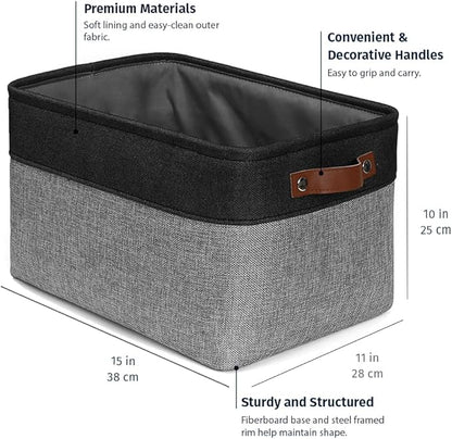 OrganiHaus 15x11in Canvas Storage Baskets 3 Pack | LARGE Fabric Bins for Shelves | Closet & Bedroom Storage | Gray/Black