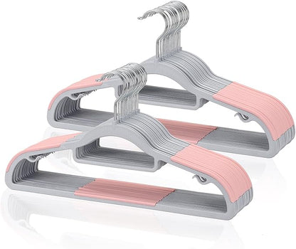 Tonswachic Pack of 30 Coat Hangers, Space-Saving Plastic Clothes Hangers, Non-Slip, 0.2 Inches Slim, 360° Swivel Silver Hook for Shirts, Pants, Suit & Wet/Dry Garments, Pink and Dark Gray