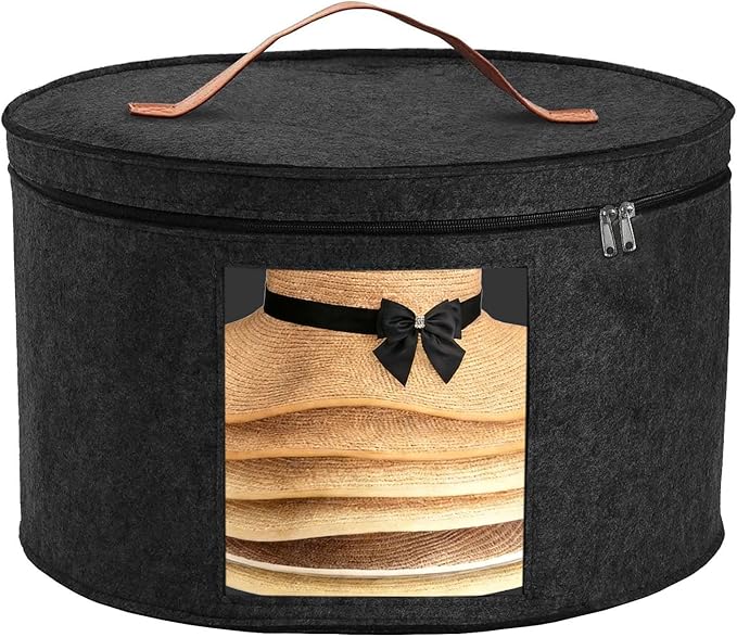 Hat Boxes for Women&Men Storage, Round Felt Hats Storage Box Container for Closet, Cowboy,Round Brim, 16" D x 10" H Foldable Caps Organizer Bag for Travel with Dustproof Lid (Black)